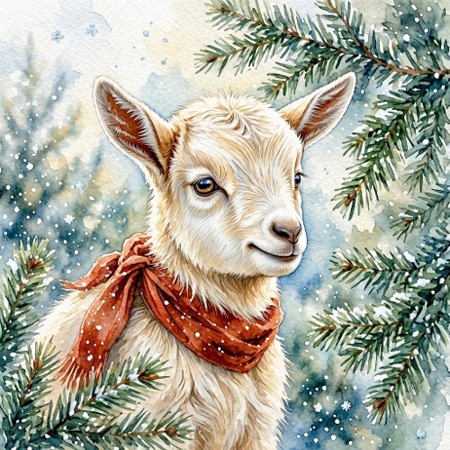 Winter Goat Watercolor Illustration – 1024×1024 Cozy Seasonal Scene