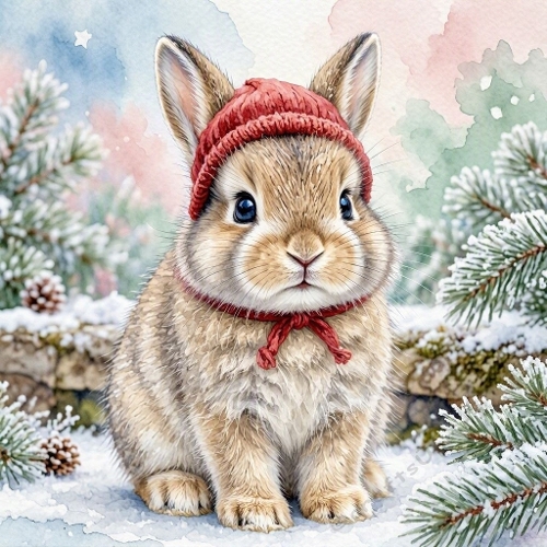 Winter Bunny Watercolor Illustration – 1024×1024 Cozy Forest Scene