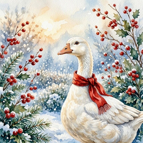 Winter Goose Watercolor Illustration – 1024×1024 Festive Forest Scene