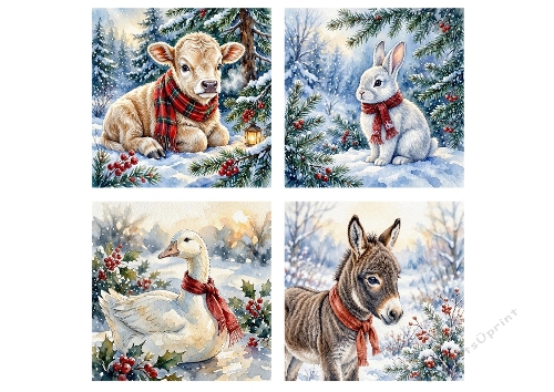 Winter Animal Quartet – 1024×1024 Watercolor Cozy Forest Illustrations