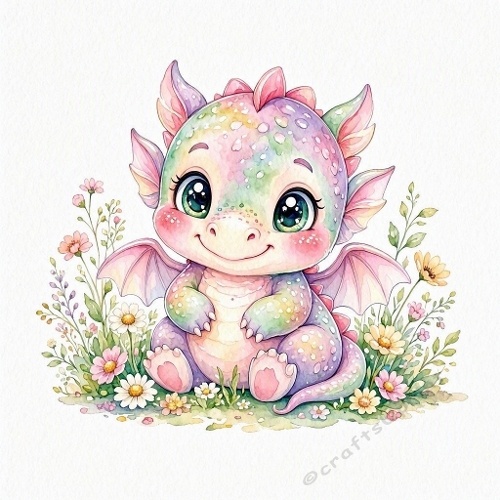 Baby Dragon Pastel Watercolor Illustration – Cute Round Face, Wildflower Meadow & Storybook Charm (8K)