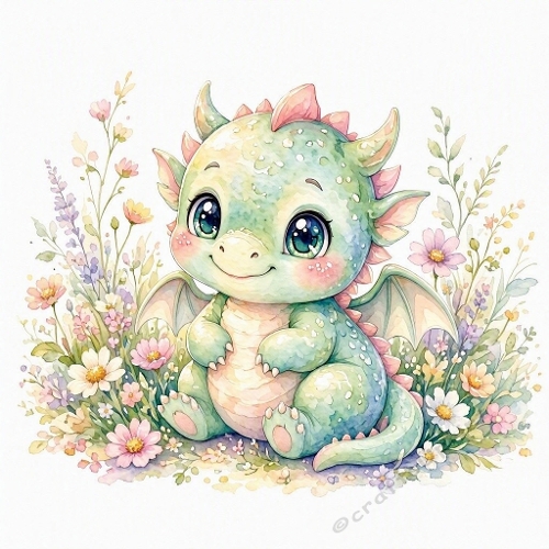 Pastel Baby Dragon Watercolor Illustration – Cute Round Face & Wildflower Meadow 