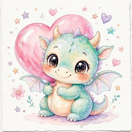 Pastel Baby Dragon Watercolor Illustration – Heart Balloon Hug & Sweet Fantasy Charm 
