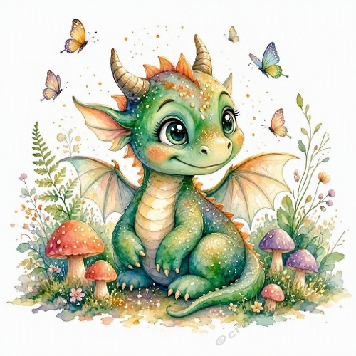 Magical Baby Dragon Watercolor Illustration – Enchanted Forest Mushrooms & Pastel Fairy Dust