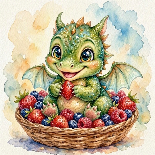 Baby Dragon Berry Basket Watercolor Illustration – Cute Pastel Fantasy & Fresh Fruit Charm 