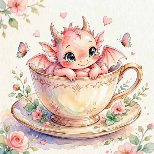 Baby Dragon Teacup Watercolor Illustration – Cozy Pastel Fantasy & Enchanting Charm