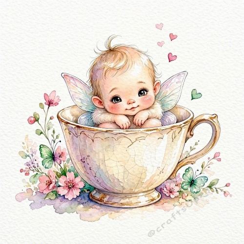 Baby Fairy Teacup Watercolor Illustration – Pastel Flowers, Butterflies & Whimsical Charm 