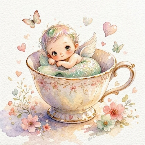 Baby Mermaid Teacup Watercolor Illustration – Pastel Flowers, Butterflies & Enchanted Charm