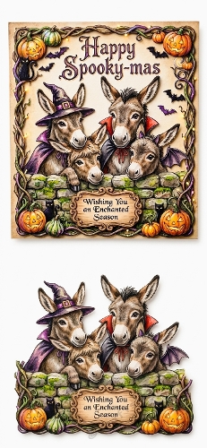 Halloween Donkey Quartet 3D Card – Witch Hats, Bat Wings & Enchanted Pumpkin Scene