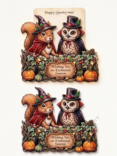 Spooky‑mas Squirrel & Owl 3D Card – Festive Autumn Pumpkins, Cloaks & Enchanted Season Scene