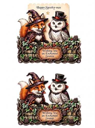 Spooky‑mas Fox & Owl 3D Card – Wizard Hat Fox, Festive Owl & Enchanted Autumn Scene