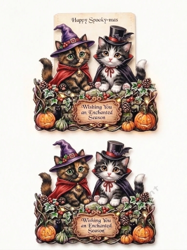 Spooky‑mas Cats 3D Card – Witch Hat & Top‑Hat Duo in Enchanted Autumn Scene