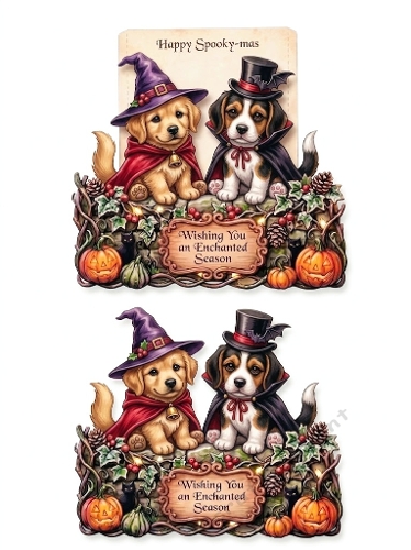 Spooky‑mas Puppies 3D Card – Witch Hat & Top‑Hat Duo in Enchanted Autumn Scene