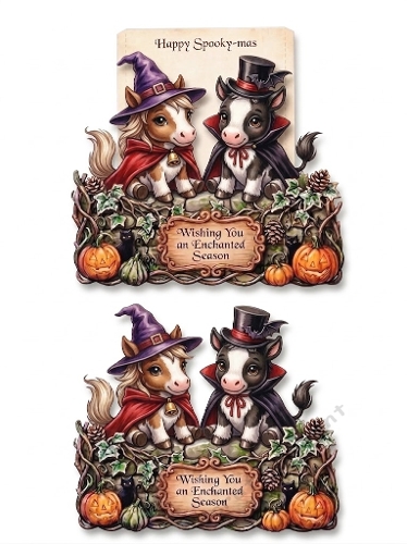 Spooky‑mas Horse & Cow 3D Card – Witch Hat Horse, Top‑Hat Cow & Enchanted Autumn Scene