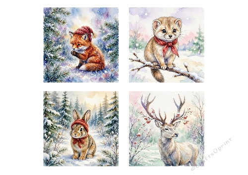 Winter Forest Animal Quartet – 1024×1024 Watercolor Cozy Seasonal Set