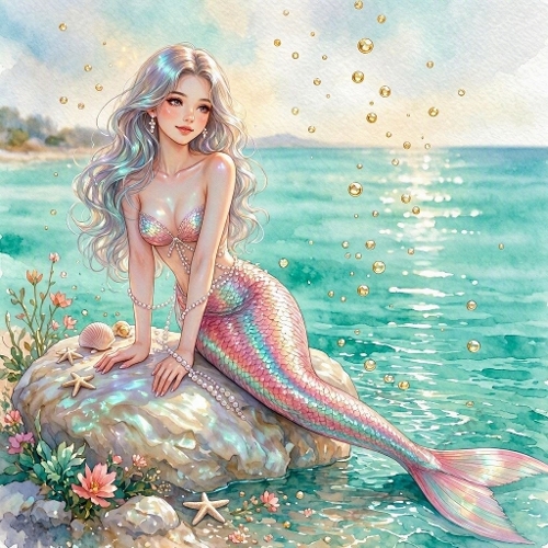 Enchanted Mermaid Pastel Shimmer Tail, Seashell Rock & Magical Ocean Glow