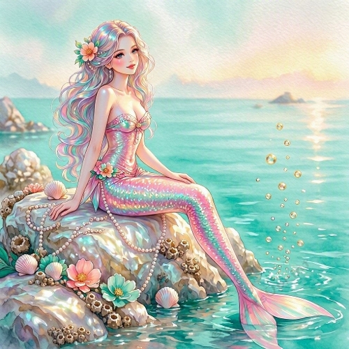 Pastel Enchanted Mermaid Illustration – Shimmer Tail & Ocean Sunset Magic (1024×1024 JPEG)