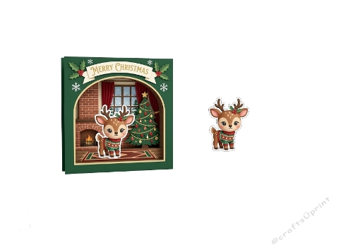 Mini 3D Christmas Card – Cute Reindeer & Cozy Fireplace Scene 
