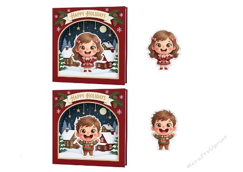 Mini 3D Holiday Card – Cute Winter Kids & Snowy Village Scene  