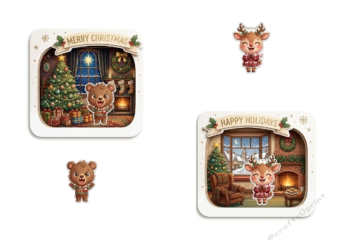 Mini 3D Christmas Card – Cute Bear & Reindeer Cozy Holiday Scenes