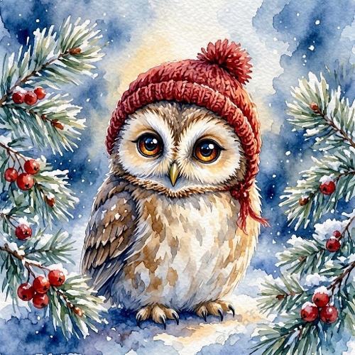 Watercolor Winter Owl – 1024×1024 Cozy Snowy Scene Illustration