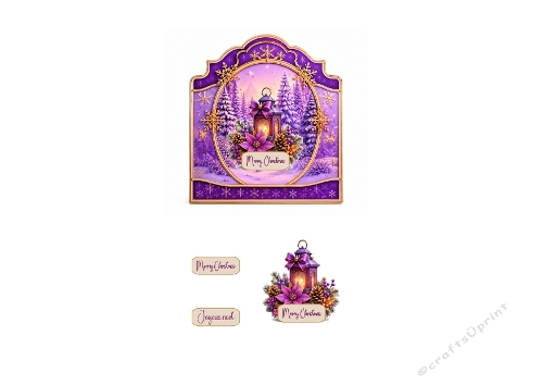 3D Christmas Card – Purple Lantern & Poinsettia Winter Scene  