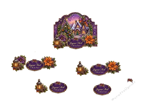 Étiquette 3D Noël – Maison Enneigée & Lanternes Festives Violet Or 
