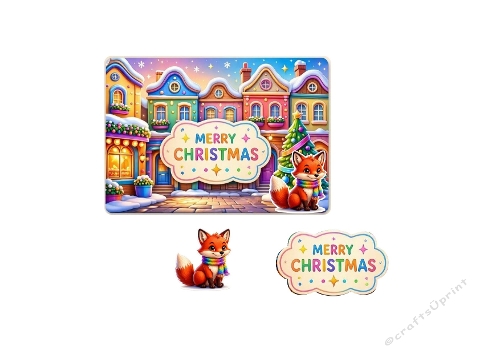 3D Christmas Card – Pastel Winter Village & Cute Fox