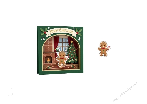 3D Christmas Card – Gingerbread Character & Cozy Fireplace Scene