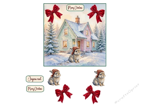 3D Christmas Card – Cute Winter Rabbit & Pastel Snowy House
