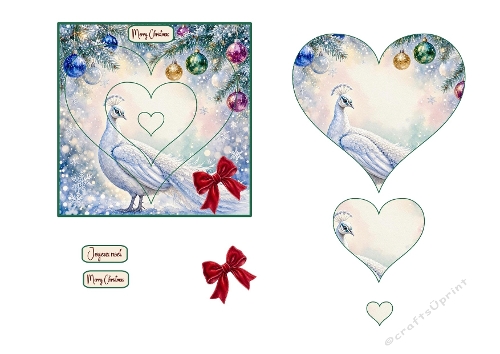 3D Christmas Card – White Peacock & Festive Heart Cutouts