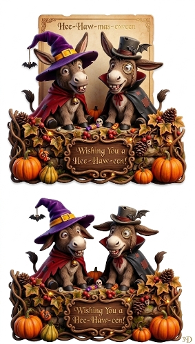 3D Halloween Card – Funny Donkey Duo in Costumes