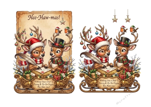 3D Christmas Card – Funny Reindeer Duo in Festive Sleigh