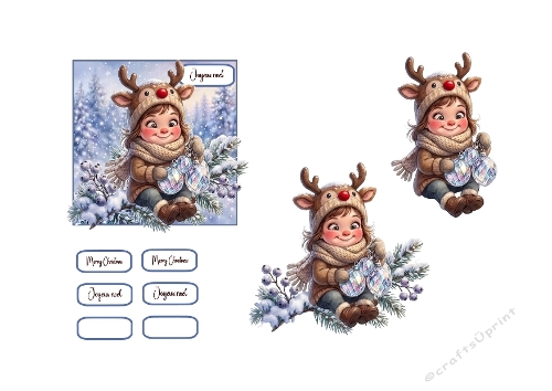 3D Christmas Card – Cute Child in Reindeer Hat on Snowy Branch
