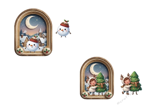 3D Christmas Card – Snowman & Child Hugging Tree in Winter Window Scenes