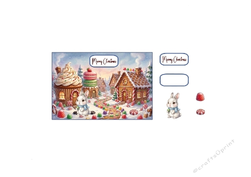 3D Christmas Card – White Rabbit & Gingerbread Village Scene