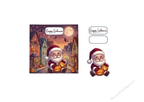 3D Halloween Card – Santa with Pumpkins in Spooky Village Scene 