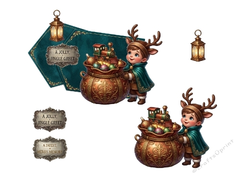 3D Christmas Card – Reindeer‑Costumed Child with Ornate Holiday Pot & Vintage Plaques 