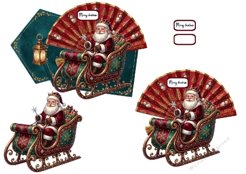 3D Christmas Card – Santa in Ornate Sleigh with Fan Backdrops & Merry Christmas Plaque 