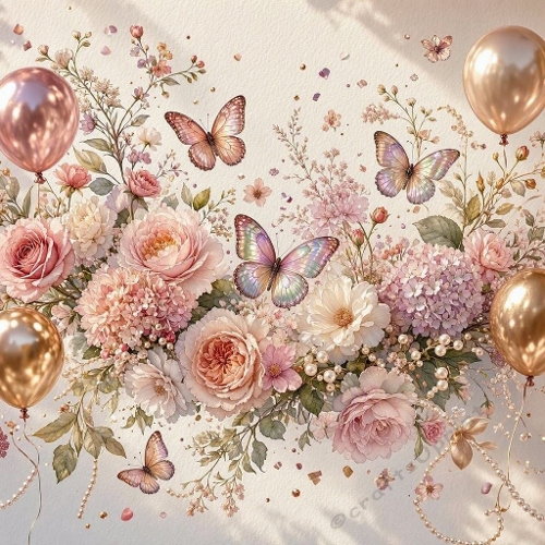 Pastel Floral Elegance Illustration – Roses, Pearls & Iridescent Butterflies (1024×1024 JPEG)