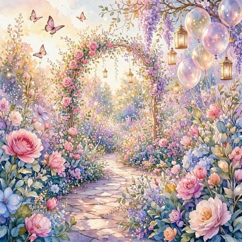 Enchanted Rose Garden Path – Magical Archway, Lanterns & Pastel Flowers (1024×1024 JPEG)