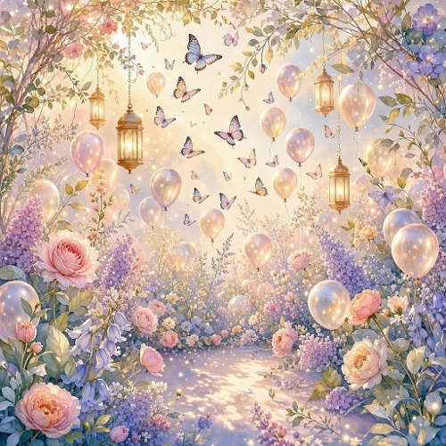 Enchanted Pastel Garden Path – Roses, Lanterns & Dreamy Balloons (1024×1024 JPEG)