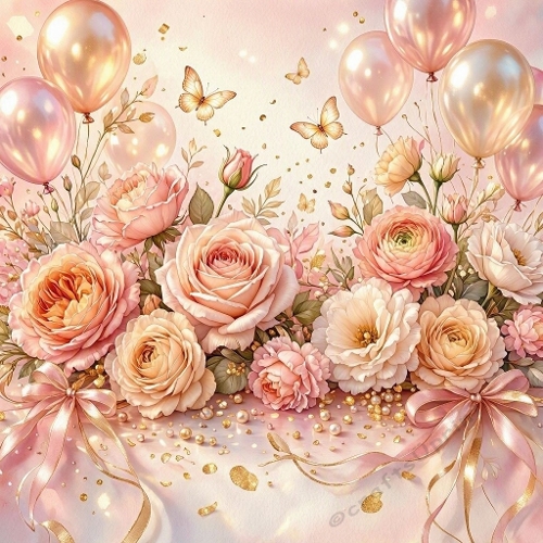 Pastel Rose & Peony Celebration – Pearls, Gold Butterflies & Satin Ribbons (1024×1024 JPEG)