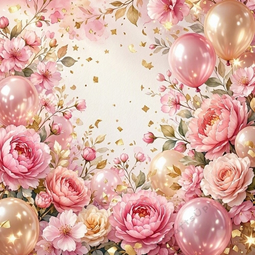 Pastel Rose & Peony Celebration – Gold Balloons & Elegant Floral Arrangement (1024×1024 JPEG)