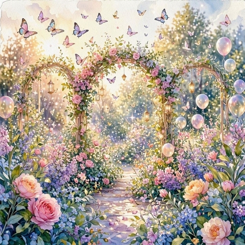 Enchanted Triple Rose Archway – Magical Garden Path & Lantern Glow (1024×1024 JPEG)