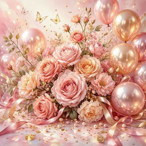 Pastel Rose & Peach Bouquet – Rose‑Gold Balloons, Pearls & Butterflies (1024×1024 JPEG)