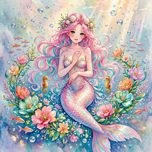 Pastel Fantasy Mermaid – Iridescent Tail, Seahorses & Underwater Bloom (1024×1024 JPEG)