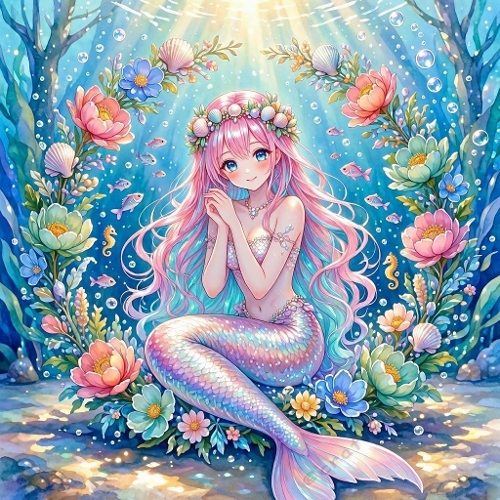 Anime Pastel Mermaid – Iridescent Tail, Floral Crown & Underwater Circle Art (1024×1024 JPEG)