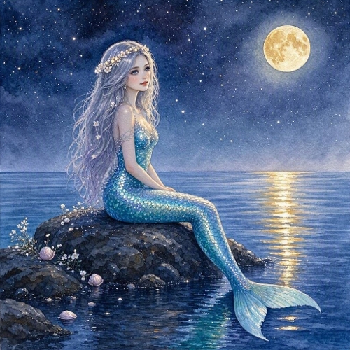 Moonlit Mermaid on Coastal Rock – Silver Hair & Shimmering Night Sea (1024×1024 JPEG)