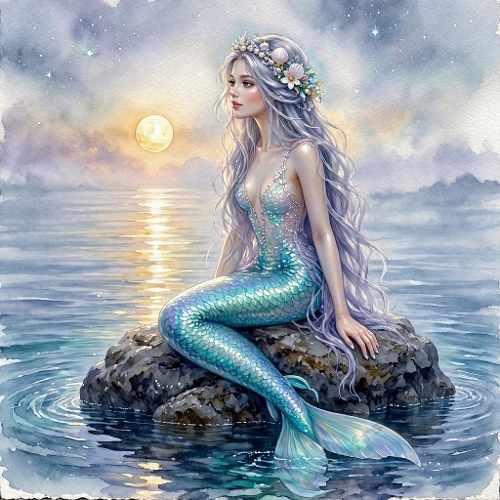 Moonlit Silver‑Lavender Mermaid – Turquoise Shimmer Tail & Dreamy Ocean Night (1024×1024 JPEG)